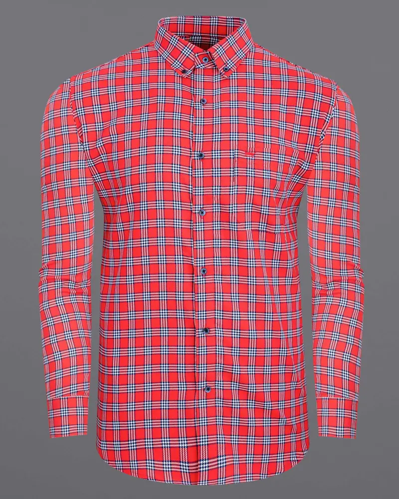 Cinnabar Red Checkered Dobby Textured Premium Giza Cotton Shirt 5