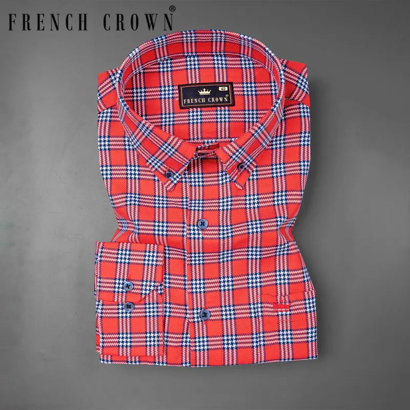 Cinnabar Red Checkered Dobby Textured Premium Giza Cotton Shirt 7