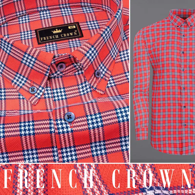 Cinnabar Red Checkered Dobby Textured Premium Giza Cotton Shirt 9