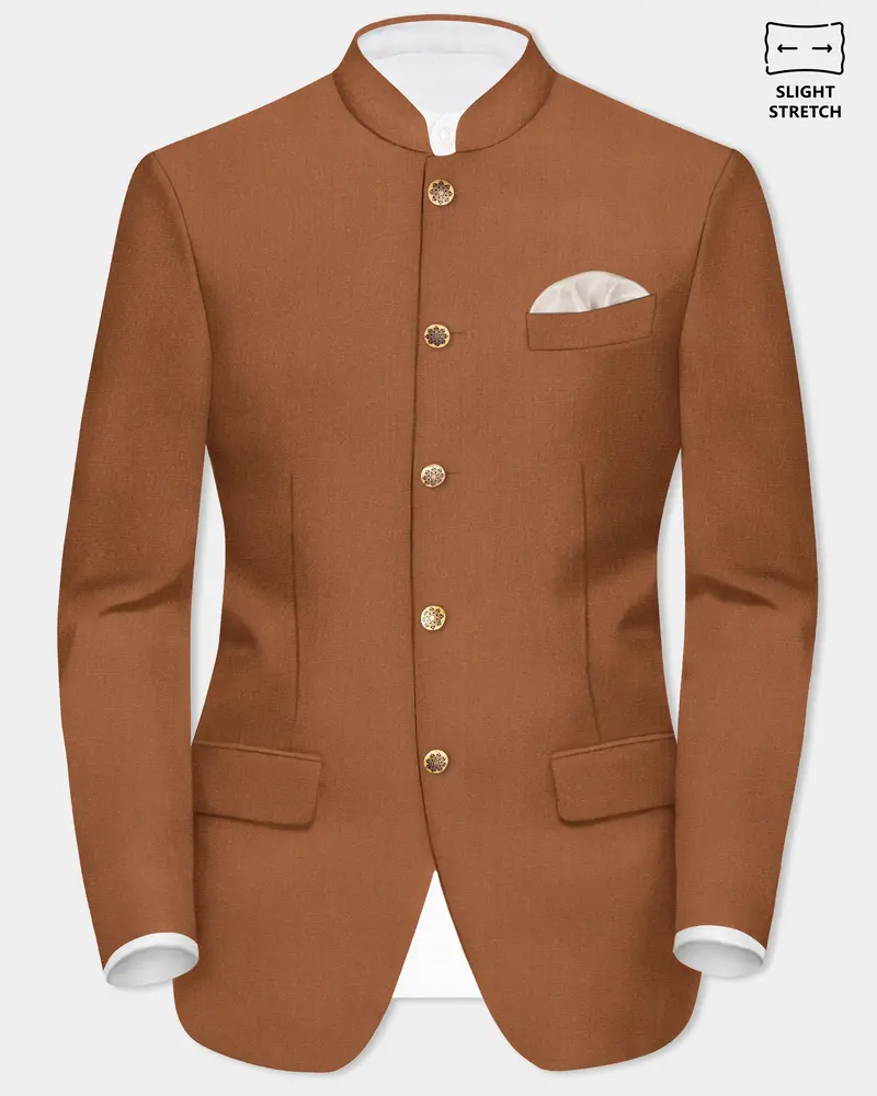 Cinnamon Oak-Sienna Brown Solid Wool Rich Bandhgala Slight Stretch Blazer 1