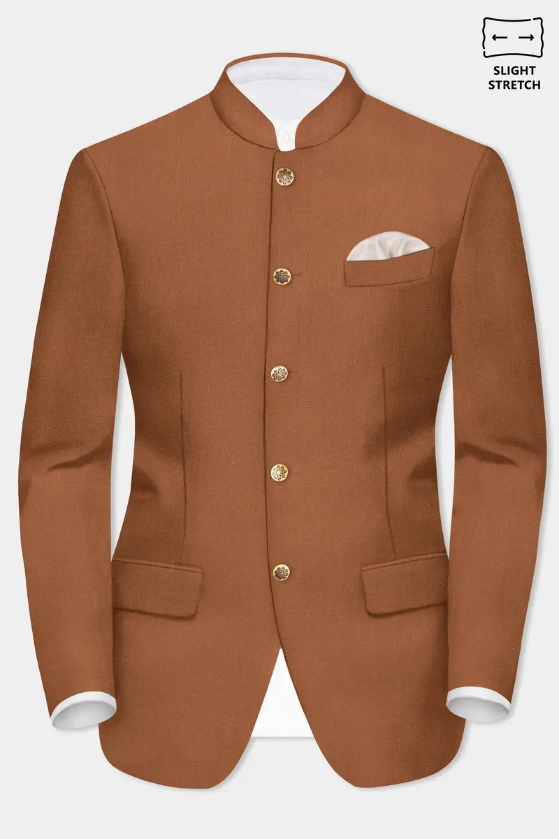 Cinnamon Oak-Sienna Brown Solid Wool Rich Bandhgala Slight Stretch Blazer 2