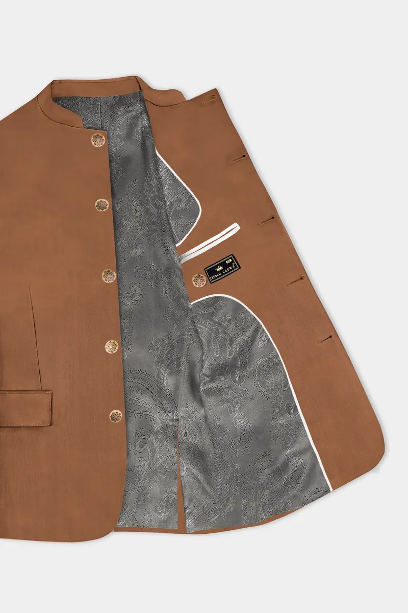 Cinnamon Oak-Sienna Brown Solid Wool Rich Bandhgala Slight Stretch Blazer 4