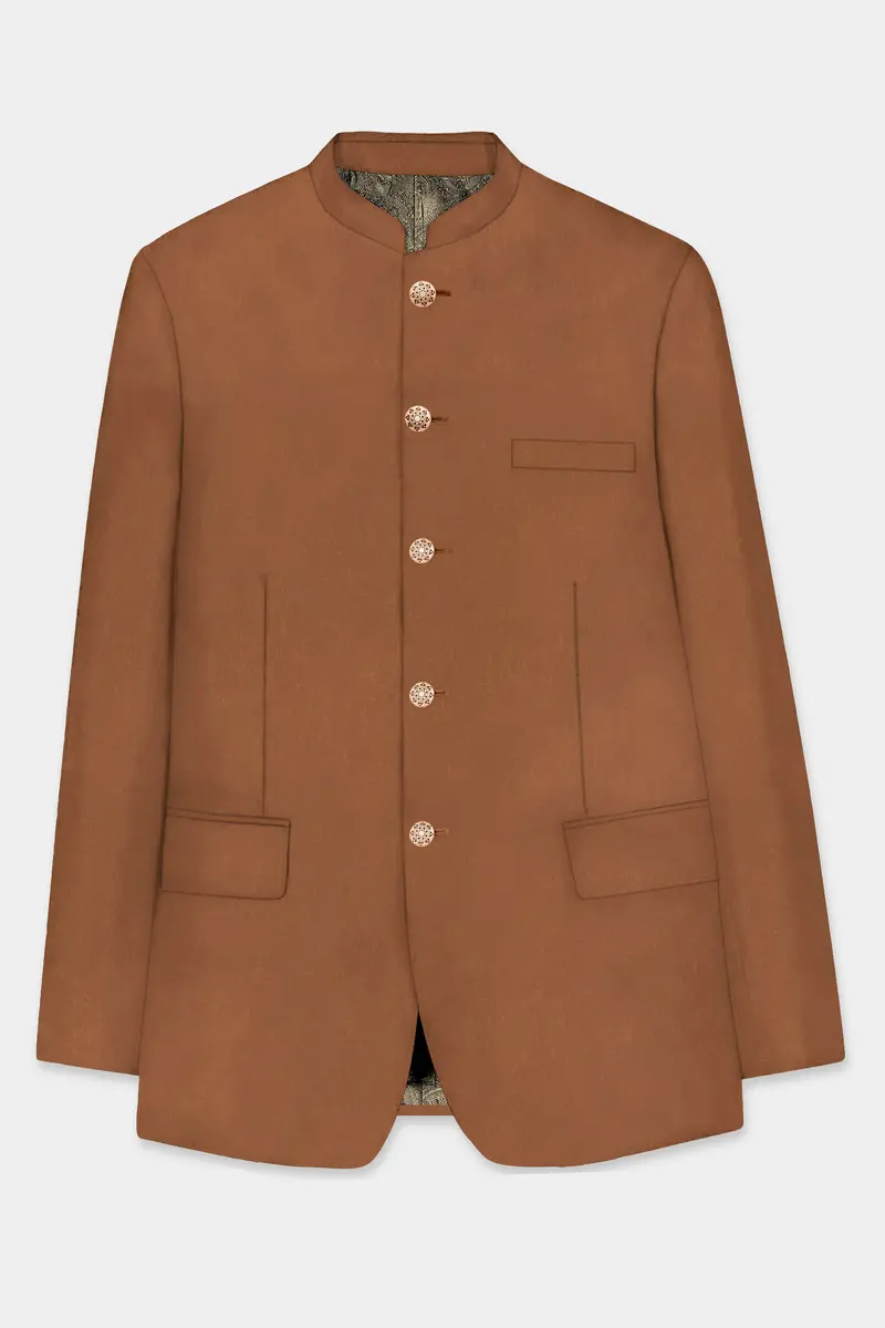 Cinnamon Oak-Sienna Brown Solid Wool Rich Bandhgala Slight Stretch Blazer 6
