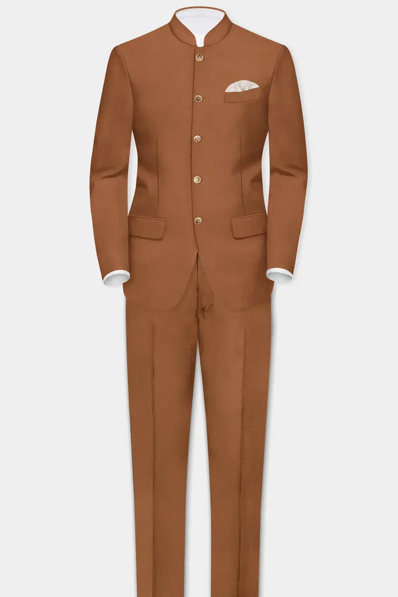 Cinnamon Oak-Sienna Brown Solid Wool Rich Bandhgala Slight Stretch Blazer 8