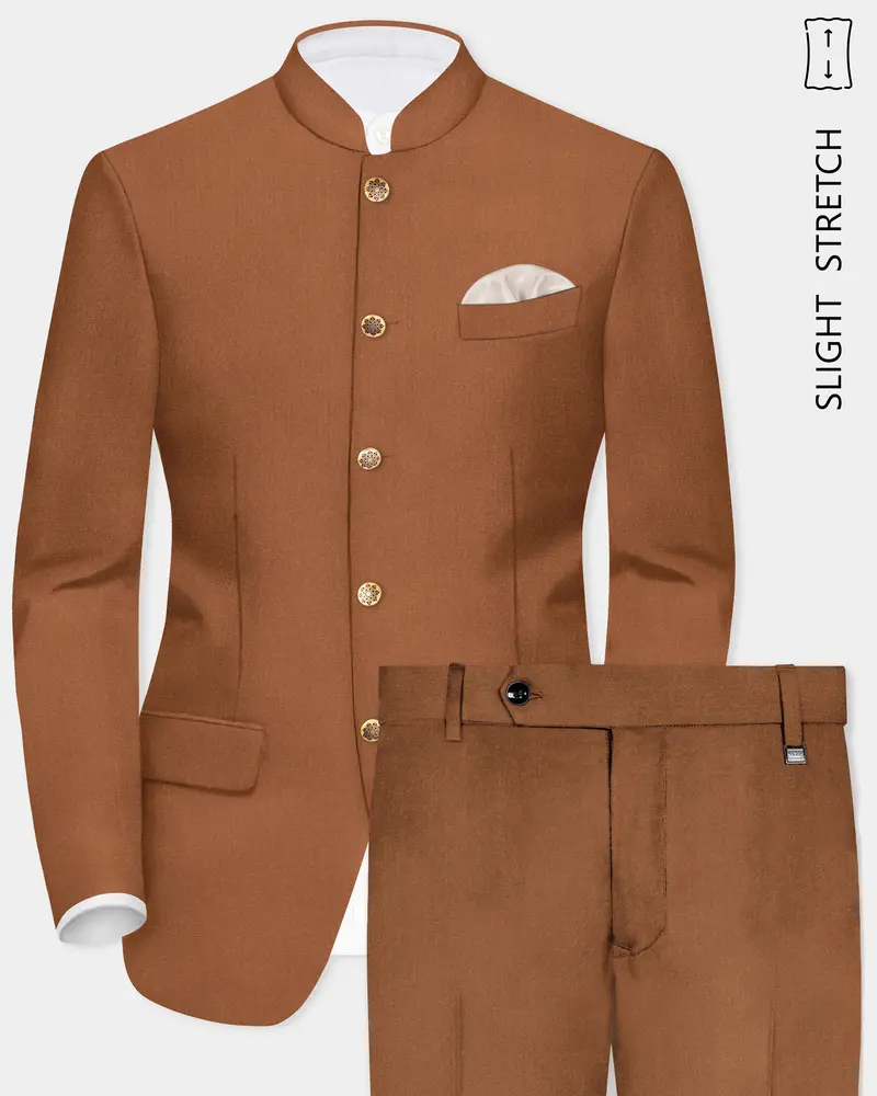 Cinnamon Oak-Sienna Brown Solid Wool Rich Bandhgala Slight Stretch Suit 1