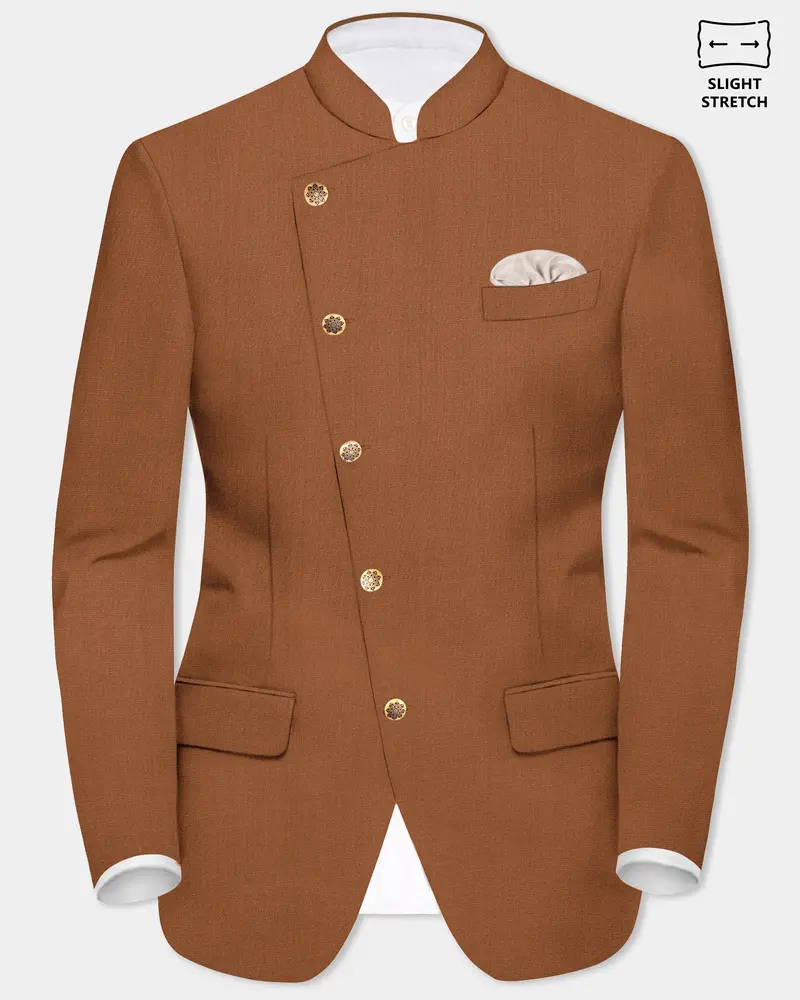 Cinnamon Oak-Sienna Brown Solid Wool Rich Cross Placket Bandhgala Slight Stretch Blazer 1