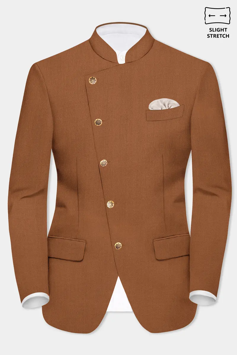 Cinnamon Oak-Sienna Brown Solid Wool Rich Cross Placket Bandhgala Slight Stretch Blazer 2