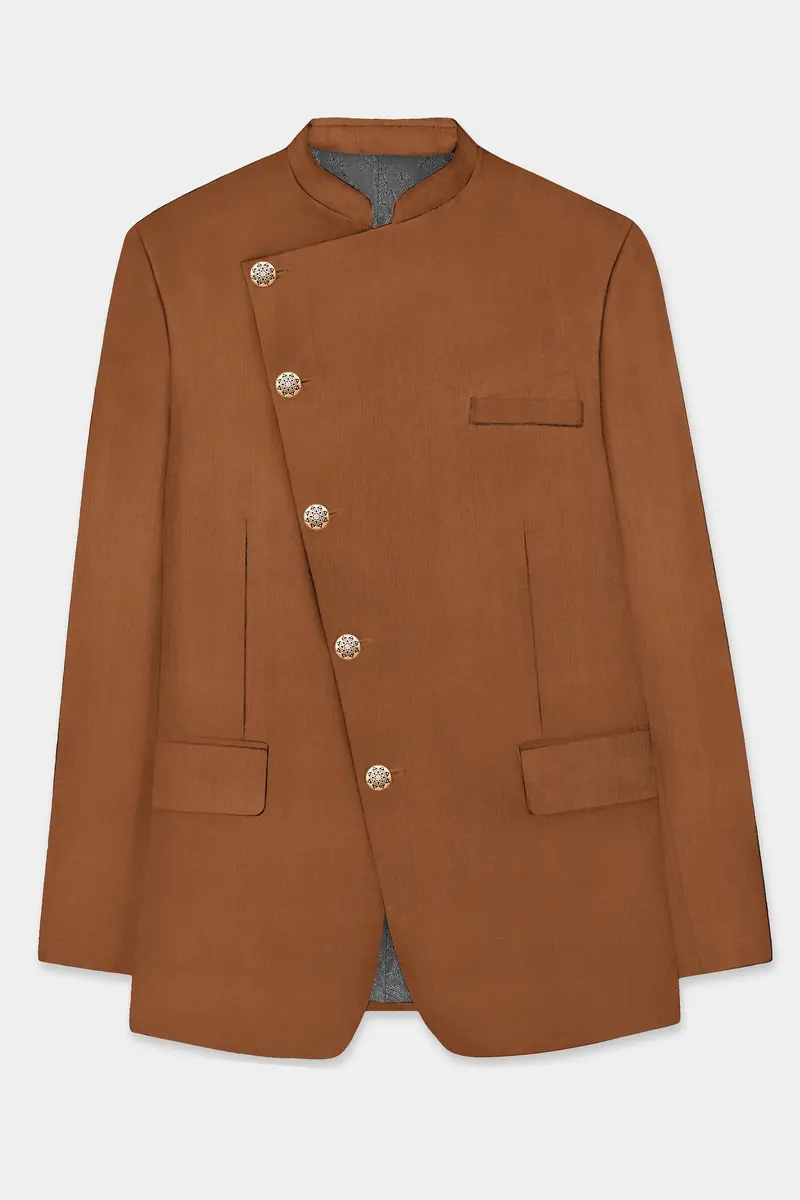 Cinnamon Oak-Sienna Brown Solid Wool Rich Cross Placket Bandhgala Slight Stretch Blazer 6