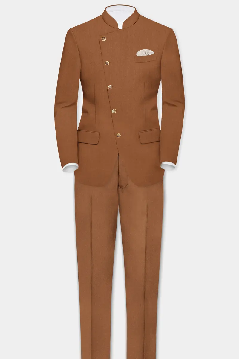 Cinnamon Oak-Sienna Brown Solid Wool Rich Cross Placket Bandhgala Slight Stretch Blazer 8