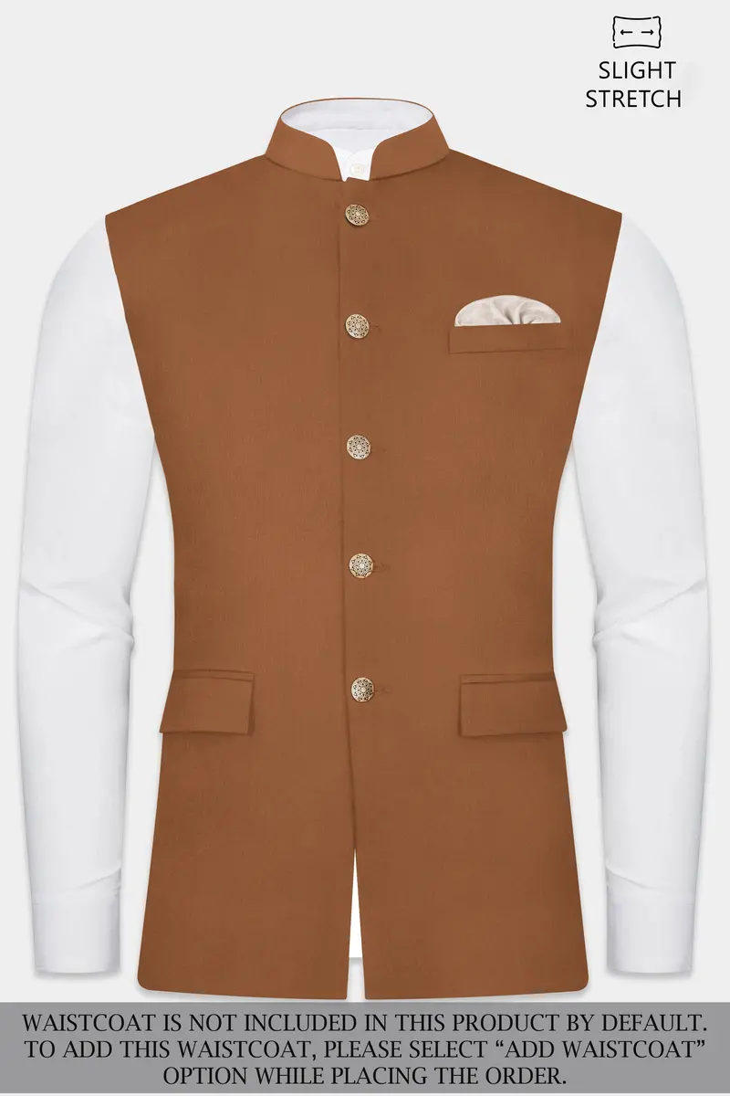 Cinnamon Oak-Sienna Brown Solid Wool Rich Cross Placket Bandhgala Slight Stretch Suit 15