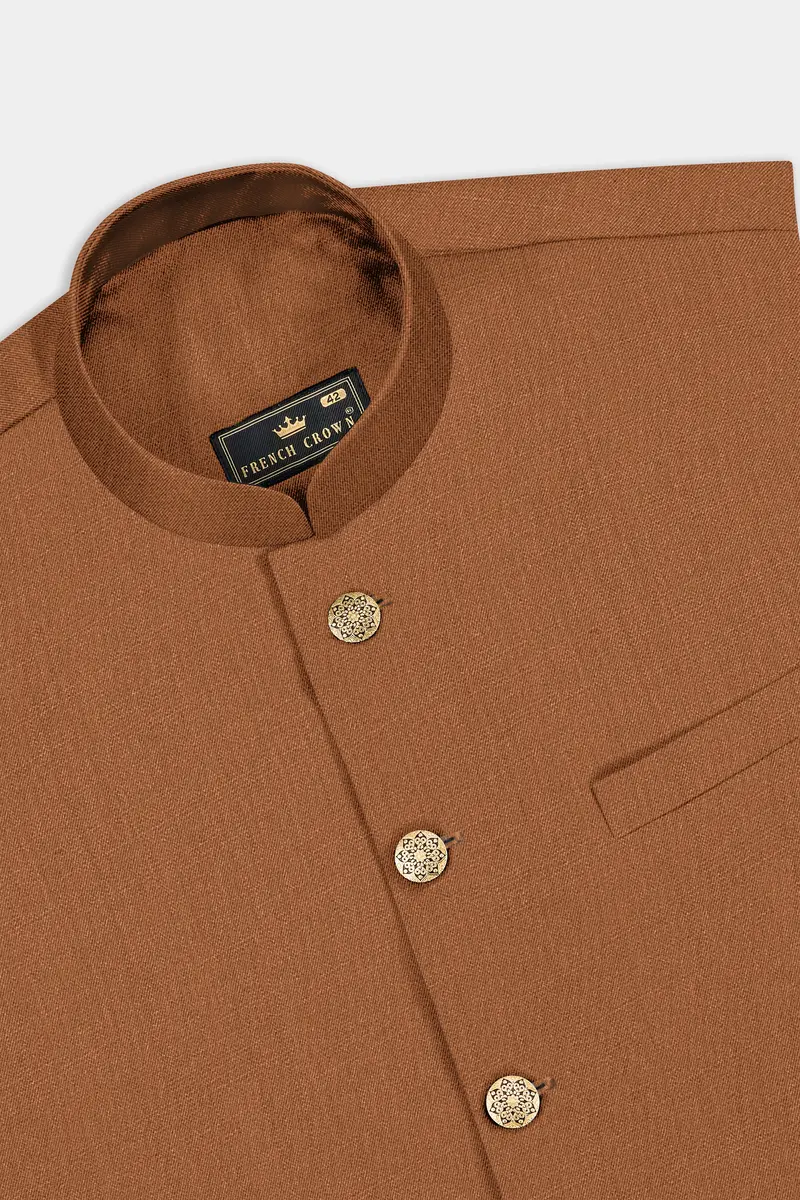 Cinnamon Oak-Sienna Brown Solid Wool Rich Cross Placket Bandhgala Slight Stretch Suit 17
