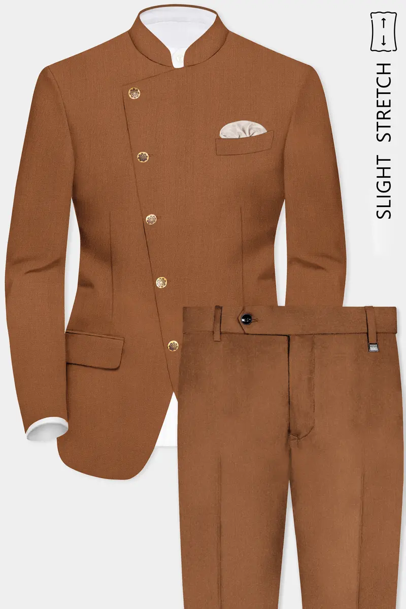 Cinnamon Oak-Sienna Brown Solid Wool Rich Cross Placket Bandhgala Slight Stretch Suit 2