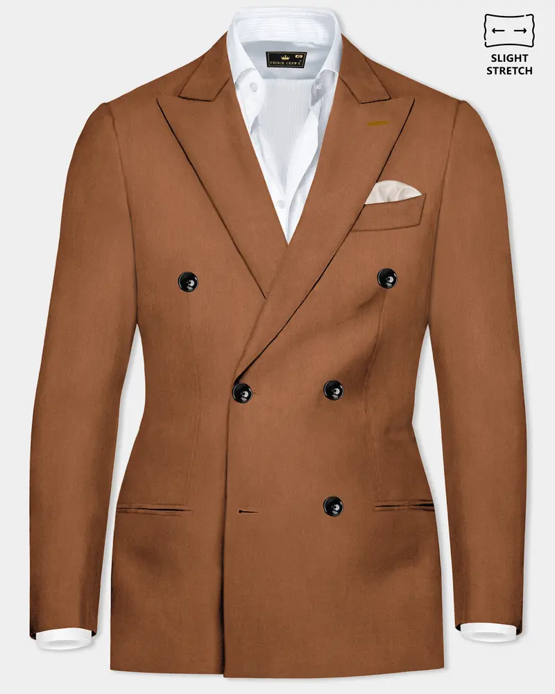 Cinnamon Oak-Sienna Brown Solid Wool Rich Double Breasted Slight Stretch Blazer 1