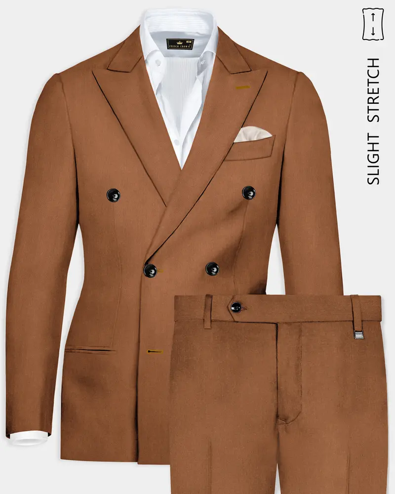 Cinnamon Oak-Sienna Brown Solid Wool Rich Double Breasted Slight Stretch Suit 1