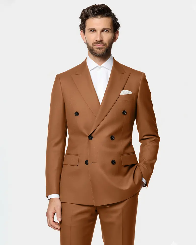 Cinnamon Oak-Sienna Brown Solid Wool Rich Double Breasted Slight Stretch Suit 1