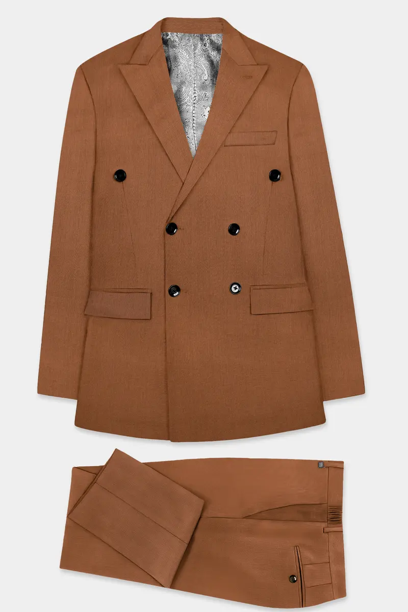 Cinnamon Oak-Sienna Brown Solid Wool Rich Double Breasted Slight Stretch Suit 12
