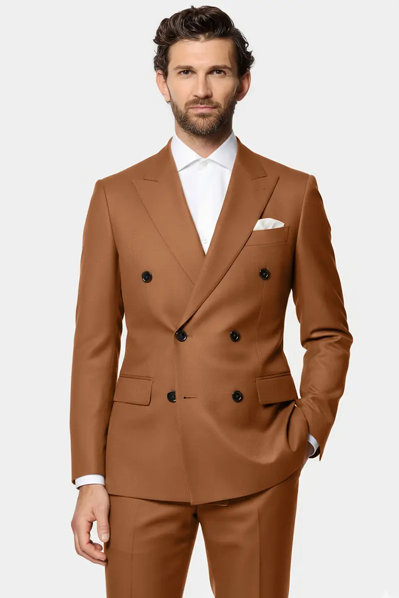 Cinnamon Oak-Sienna Brown Solid Wool Rich Double Breasted Slight Stretch Suit 2
