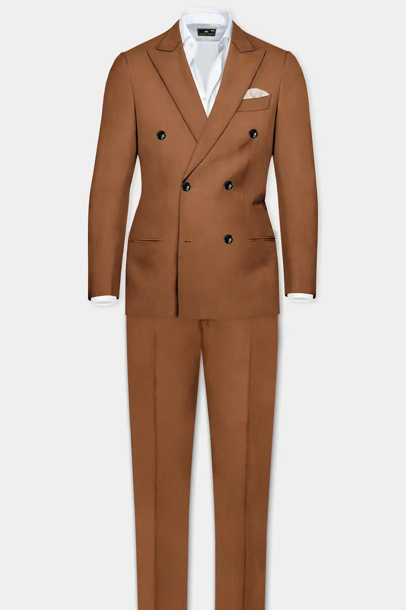 Cinnamon Oak-Sienna Brown Solid Wool Rich Double Breasted Slight Stretch Suit 4