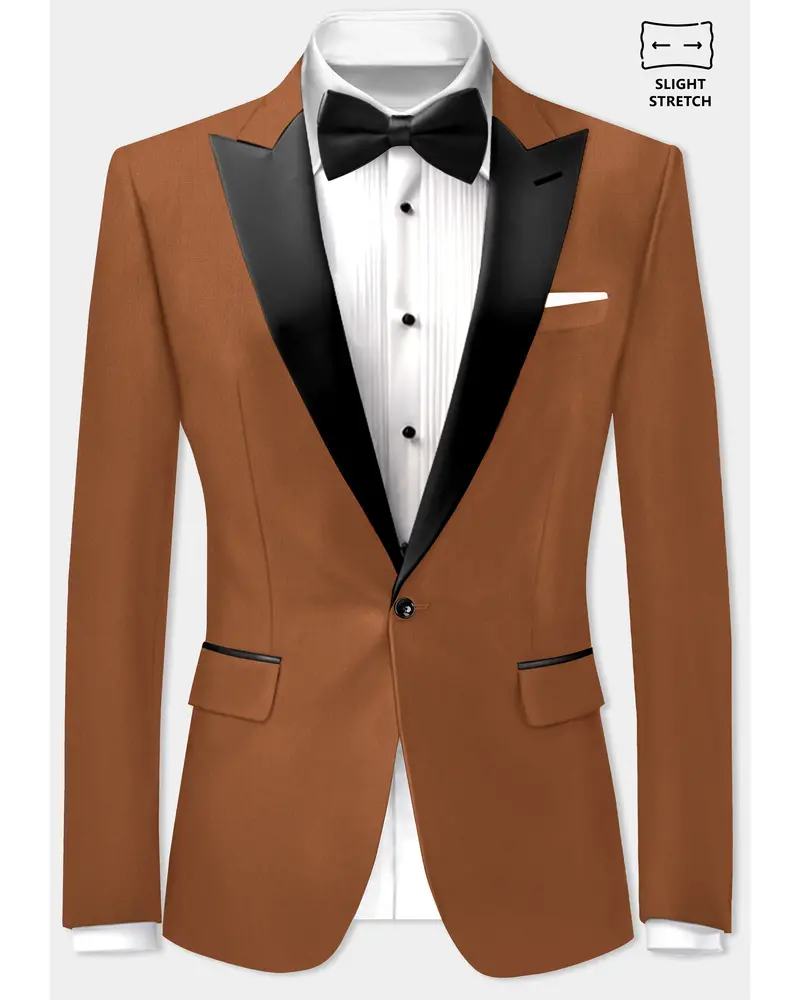 Cinnamon Oak-Sienna Brown Solid Wool Rich Peak Lapel Tuxedo Slight Stretch Blazer 1