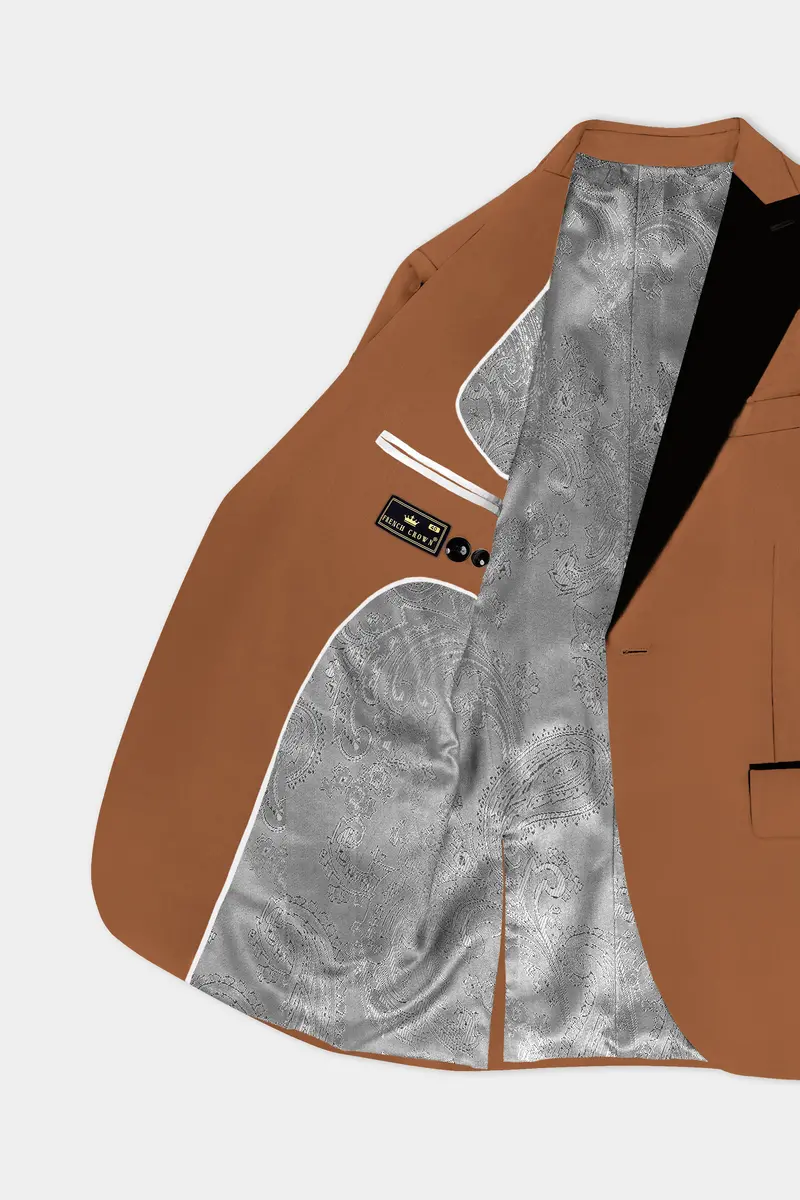 Cinnamon Oak-Sienna Brown Solid Wool Rich Peak Lapel Tuxedo Slight Stretch Blazer 4
