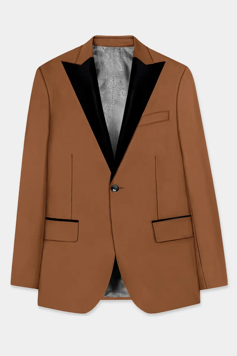Cinnamon Oak-Sienna Brown Solid Wool Rich Peak Lapel Tuxedo Slight Stretch Blazer 7