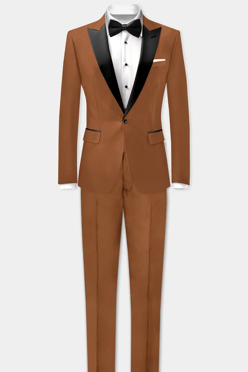 Cinnamon Oak-Sienna Brown Solid Wool Rich Peak Lapel Tuxedo Slight Stretch Blazer 9