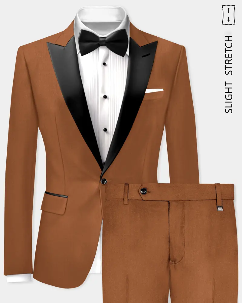 Cinnamon Oak-Sienna Brown Solid Wool Rich Peak Lapel Tuxedo Slight Stretch Suit 1