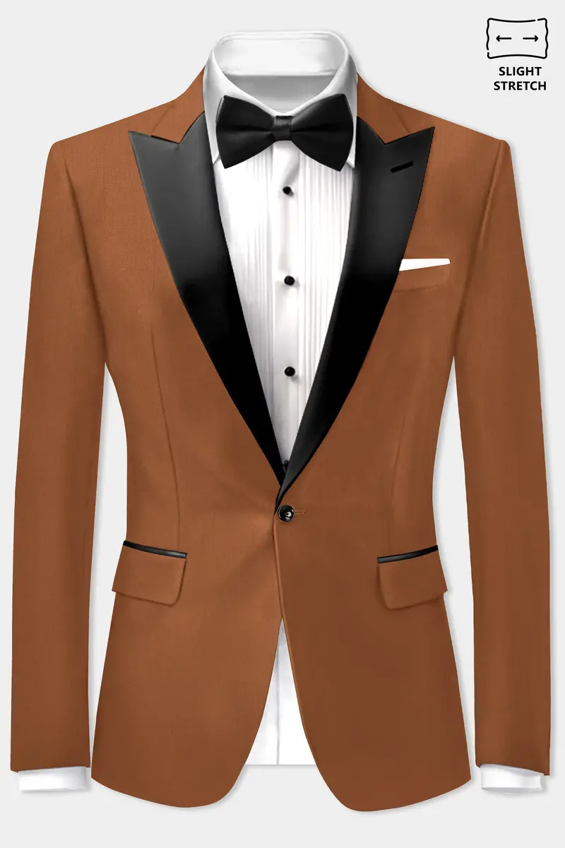 Cinnamon Oak-Sienna Brown Solid Wool Rich Peak Lapel Tuxedo Slight Stretch Suit 10