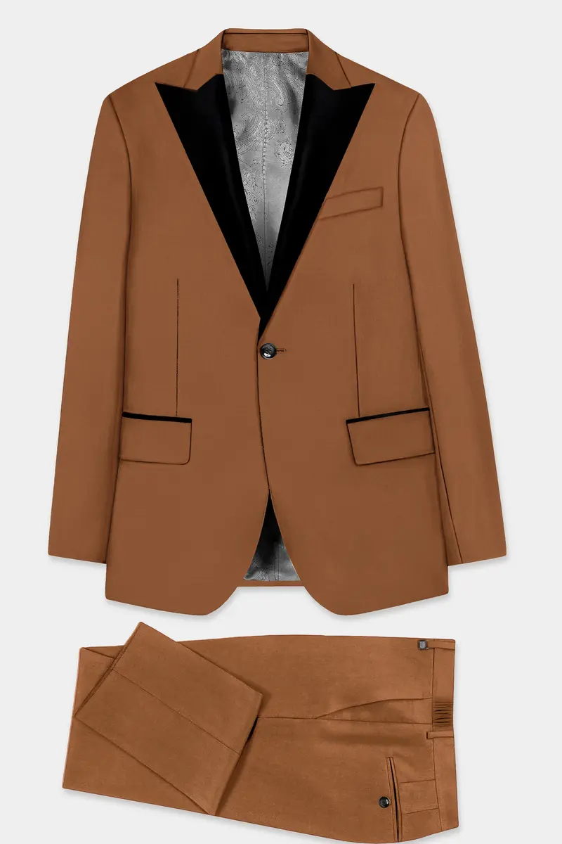 Cinnamon Oak-Sienna Brown Solid Wool Rich Peak Lapel Tuxedo Slight Stretch Suit 11