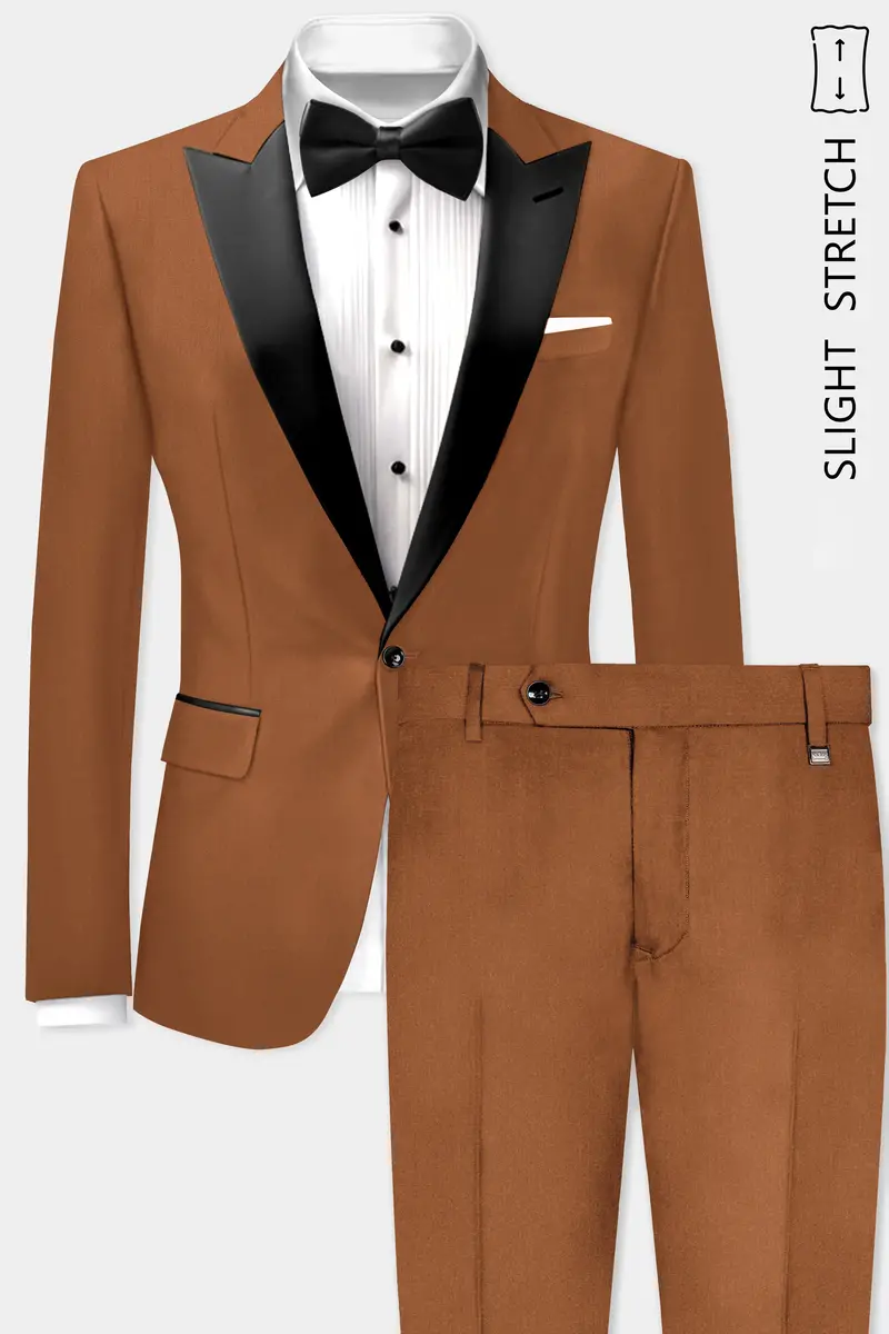 Cinnamon Oak-Sienna Brown Solid Wool Rich Peak Lapel Tuxedo Slight Stretch Suit 2