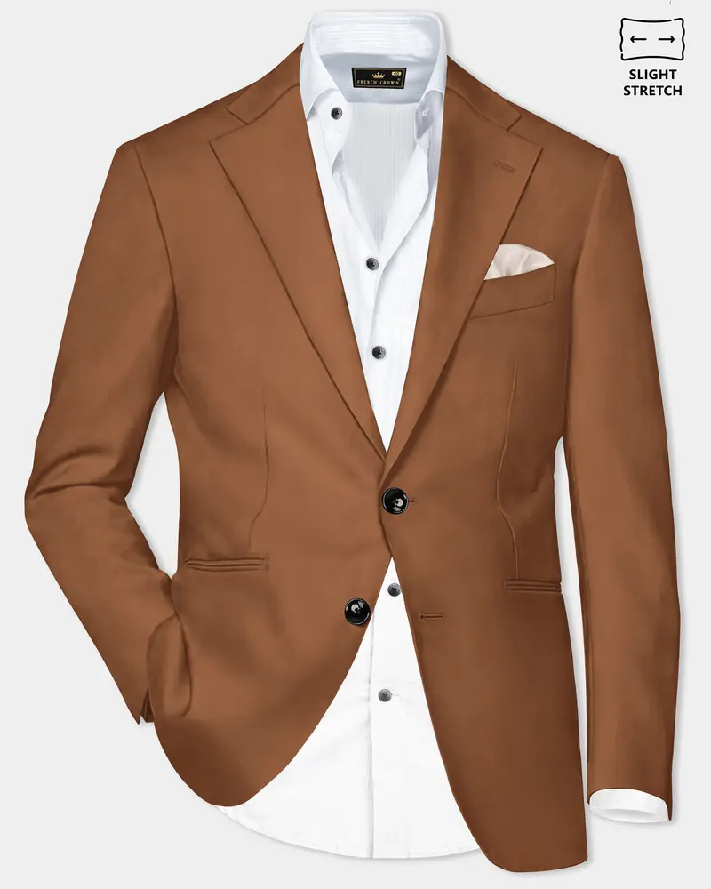 Cinnamon Oak-Sienna Brown Solid Wool Rich Single Breasted Slight Stretch Blazer 1