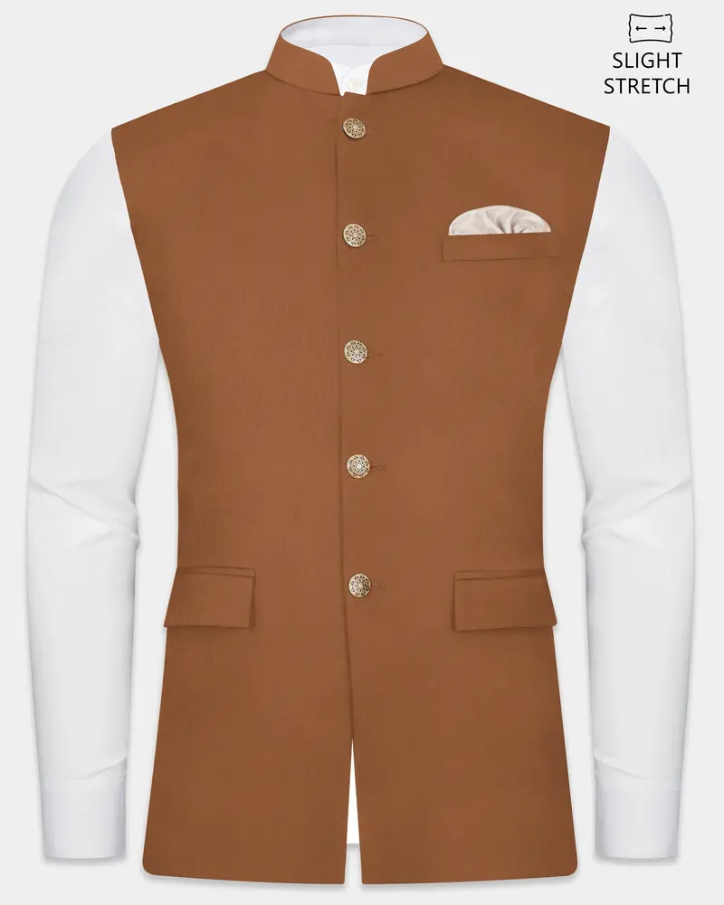 Cinnamon Oak-Sienna Brown Solid Wool Rich Slight Stretch Nehru Jacket 1