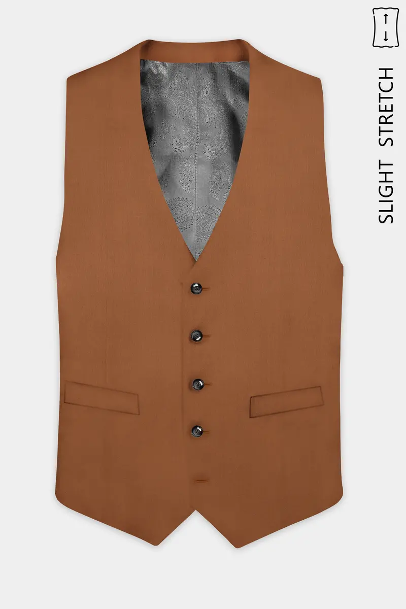 Cinnamon Oak-Sienna Brown Solid Wool Rich Slight Stretch Waistcoat 2