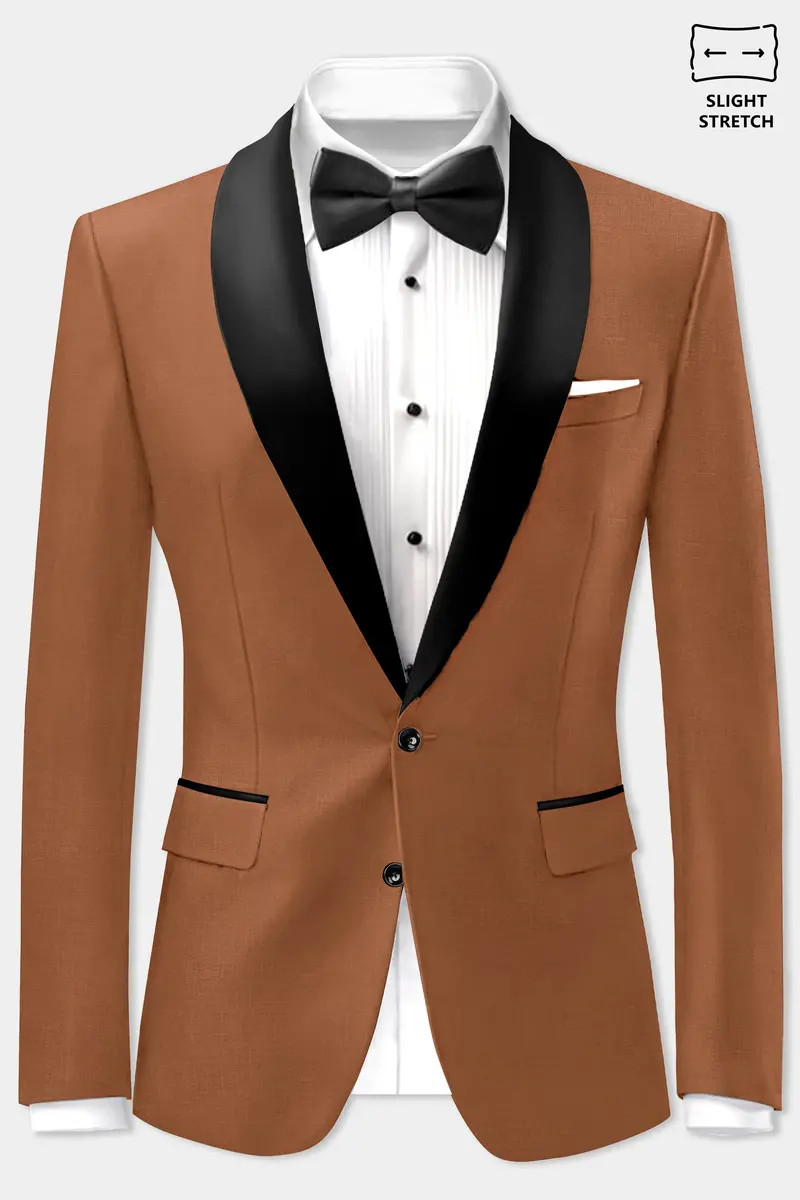 Cinnamon Oak-Sienna Brown Solid Wool Rich Tuxedo Slight Stretch Blazer 2