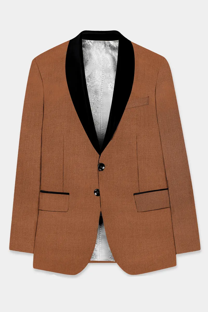 Cinnamon Oak-Sienna Brown Solid Wool Rich Tuxedo Slight Stretch Blazer 7