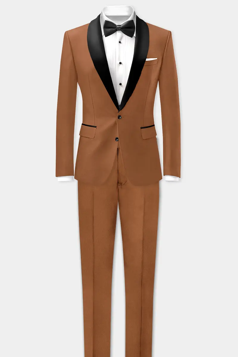 Cinnamon Oak-Sienna Brown Solid Wool Rich Tuxedo Slight Stretch Blazer 9