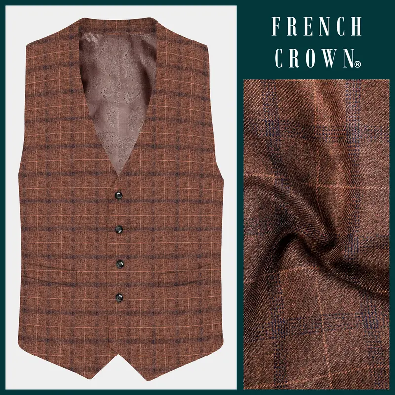 Cinnamon Spice-Spice Brown Plaid Wool Rich Waistcoat 1