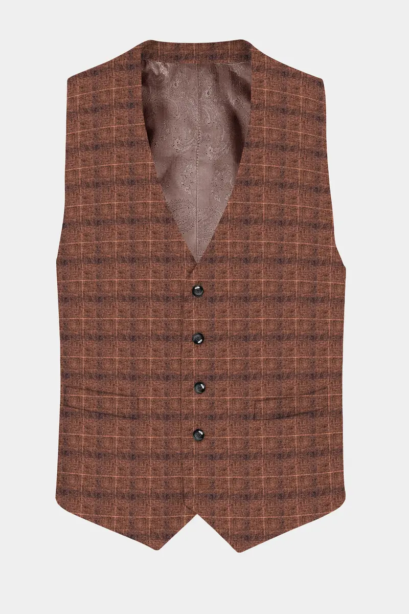 Cinnamon Spice-Spice Brown Plaid Wool Rich Waistcoat 2