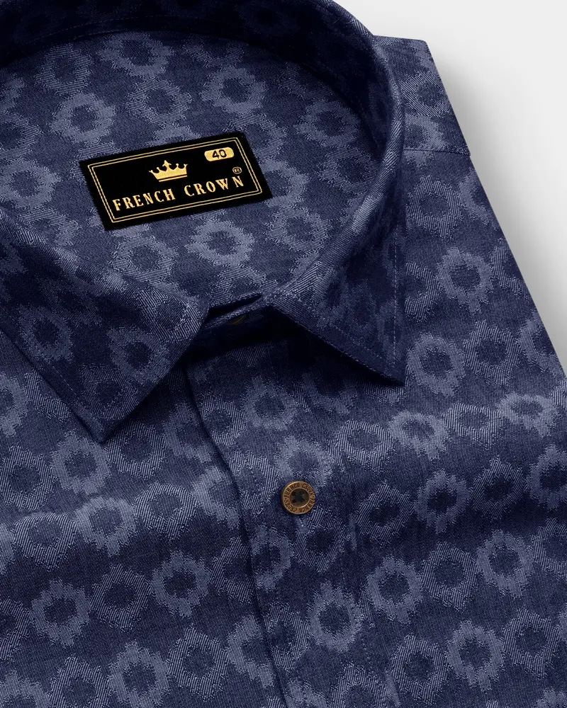 Cirnova-Vintage Denim Blue Circular Ikat Textured Super Soft Premium Cotton Casual Shirt 1