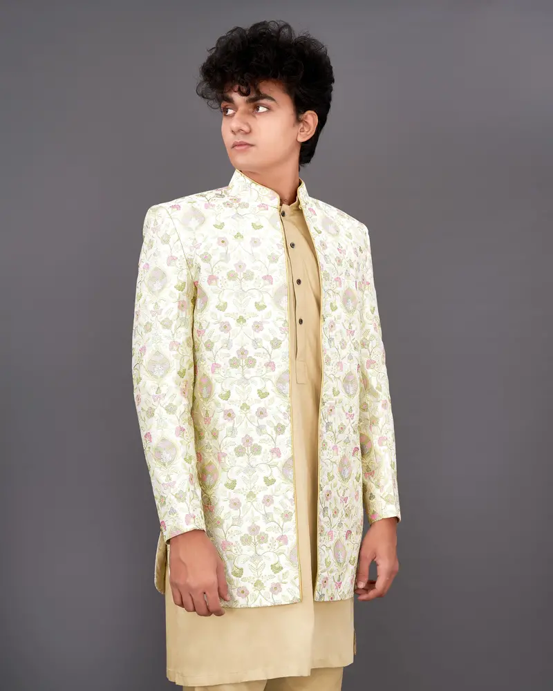 Citrine Off-White Embroidered Indo-Western With Kurta And Pants Set 1