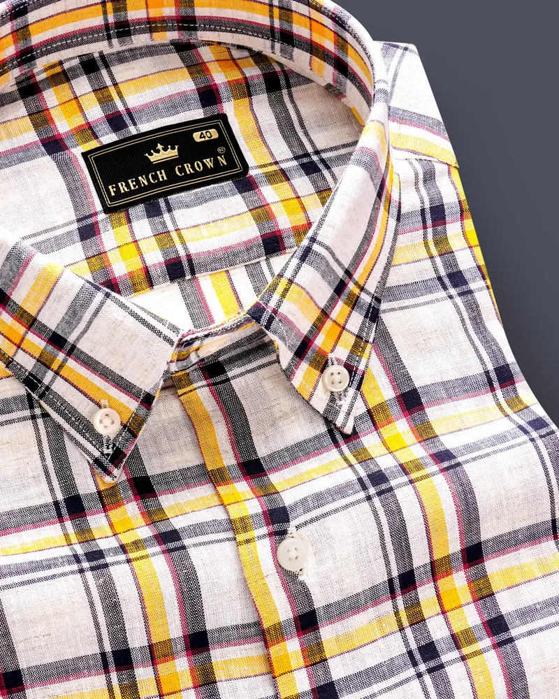 Citrineloom-Bright White And Citrine Yellow Plaid Luxurious Linen Casual Shirt 1