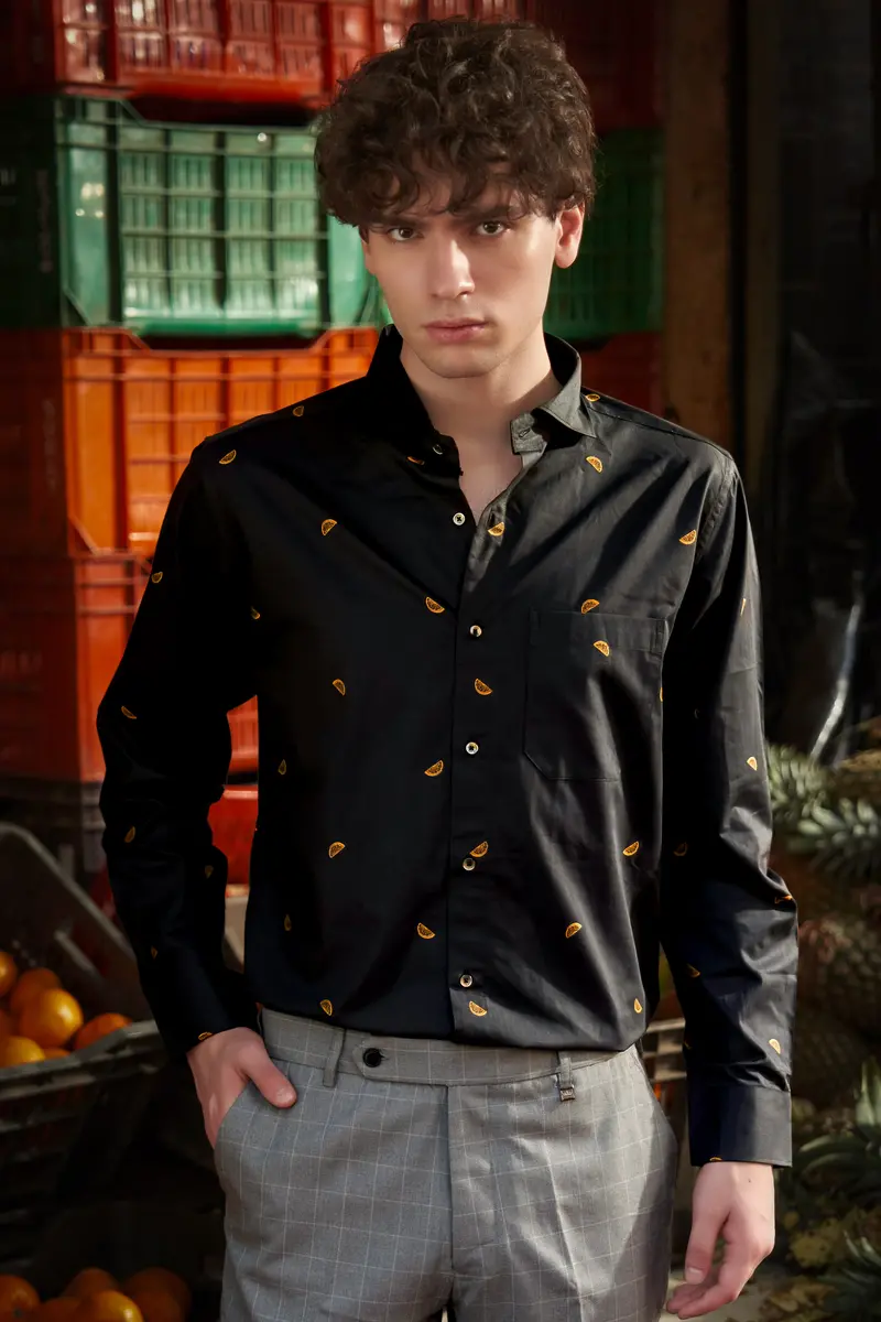 Citrus-Jade Black Orange Printed Jacquard Textured Premium Cotton Dress Shirt 2