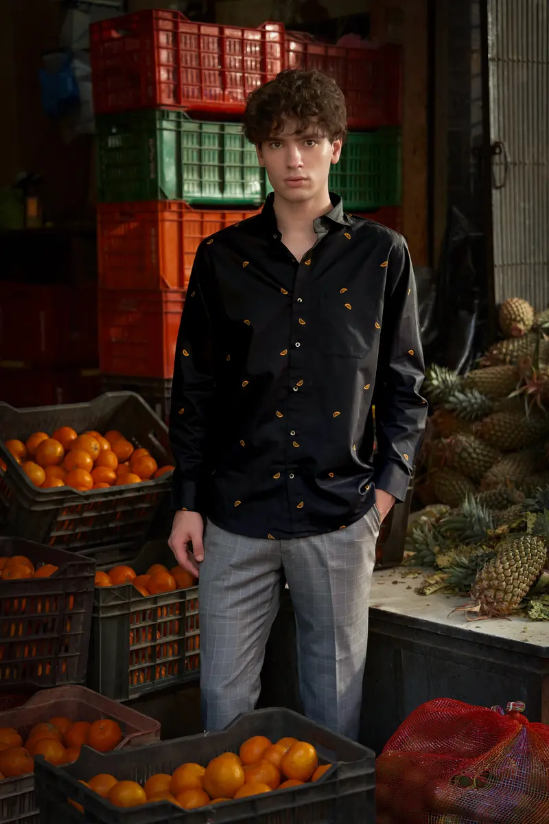 Citrus-Jade Black Orange Printed Jacquard Textured Premium Cotton Dress Shirt 5