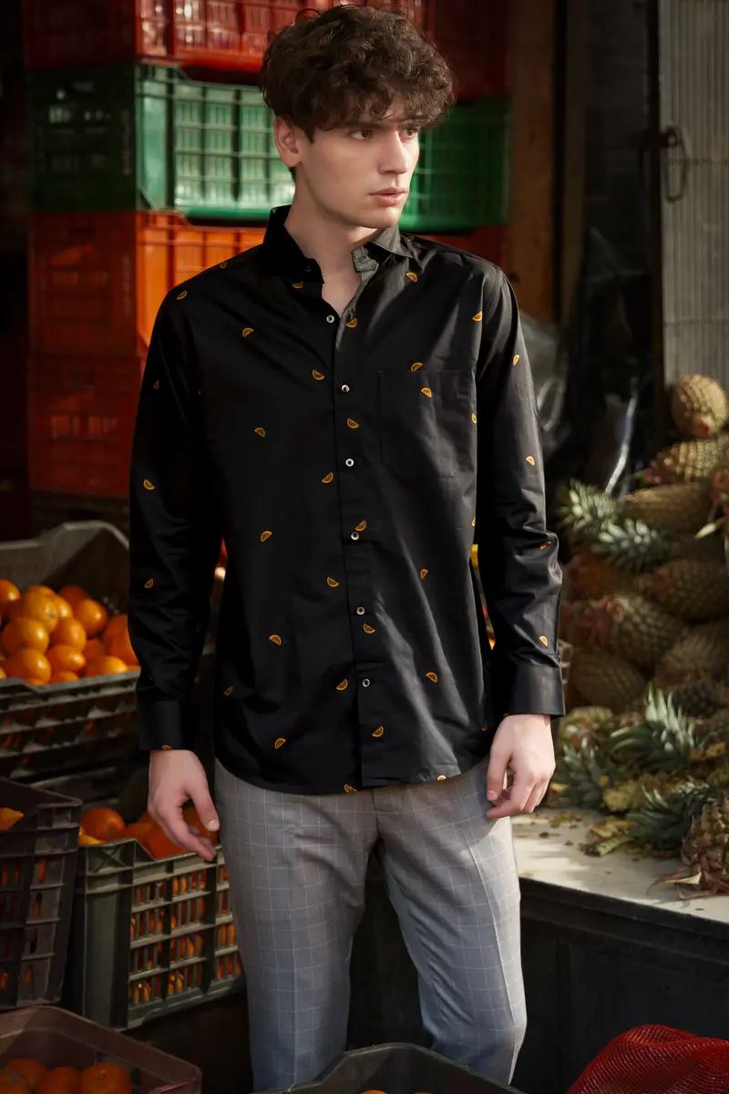 Citrus-Jade Black Orange Printed Jacquard Textured Premium Cotton Dress Shirt 6