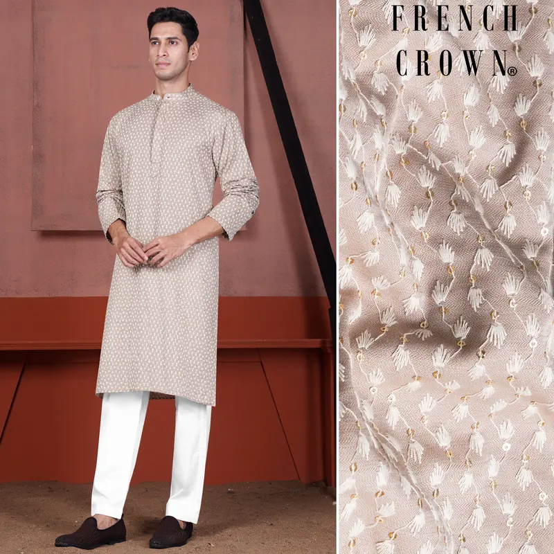 Clam Shell Brown Embroidered Viscose Designer Kurta Set 1
