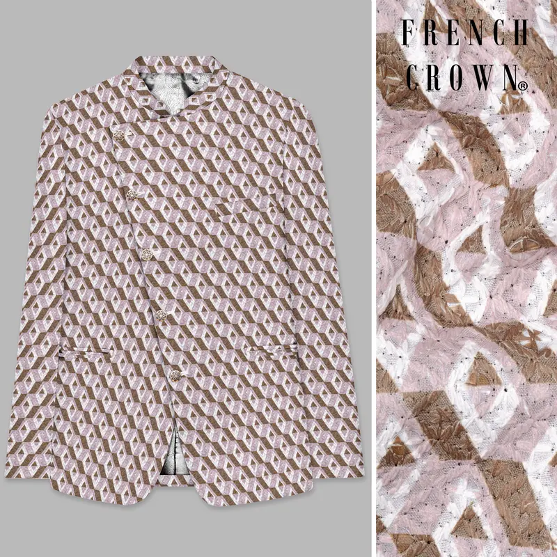 Clam Shell Pink And Roman Coffee Brown 3D Box Quilt Embroidered Cross Placket Bandhgala 1