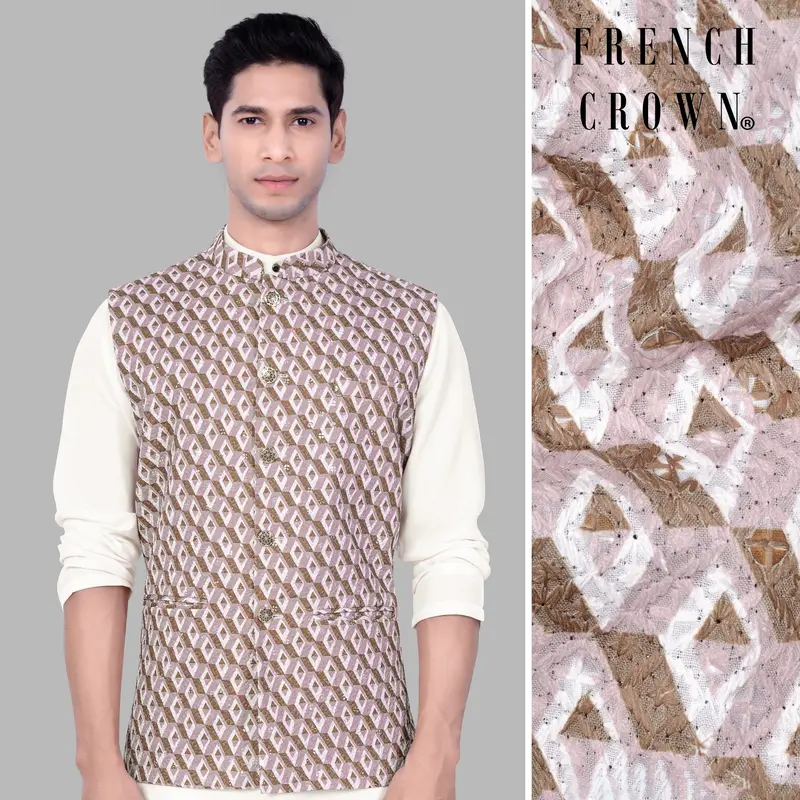 Clam Shell Pink And Roman Coffee Brown 3D Box Quilt Embroidered Nehru Jacket 1