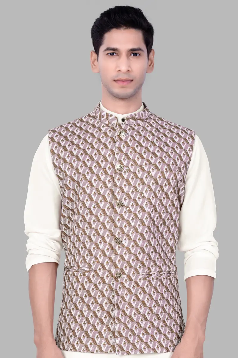 Clam Shell Pink And Roman Coffee Brown 3D Box Quilt Embroidered Nehru Jacket 2