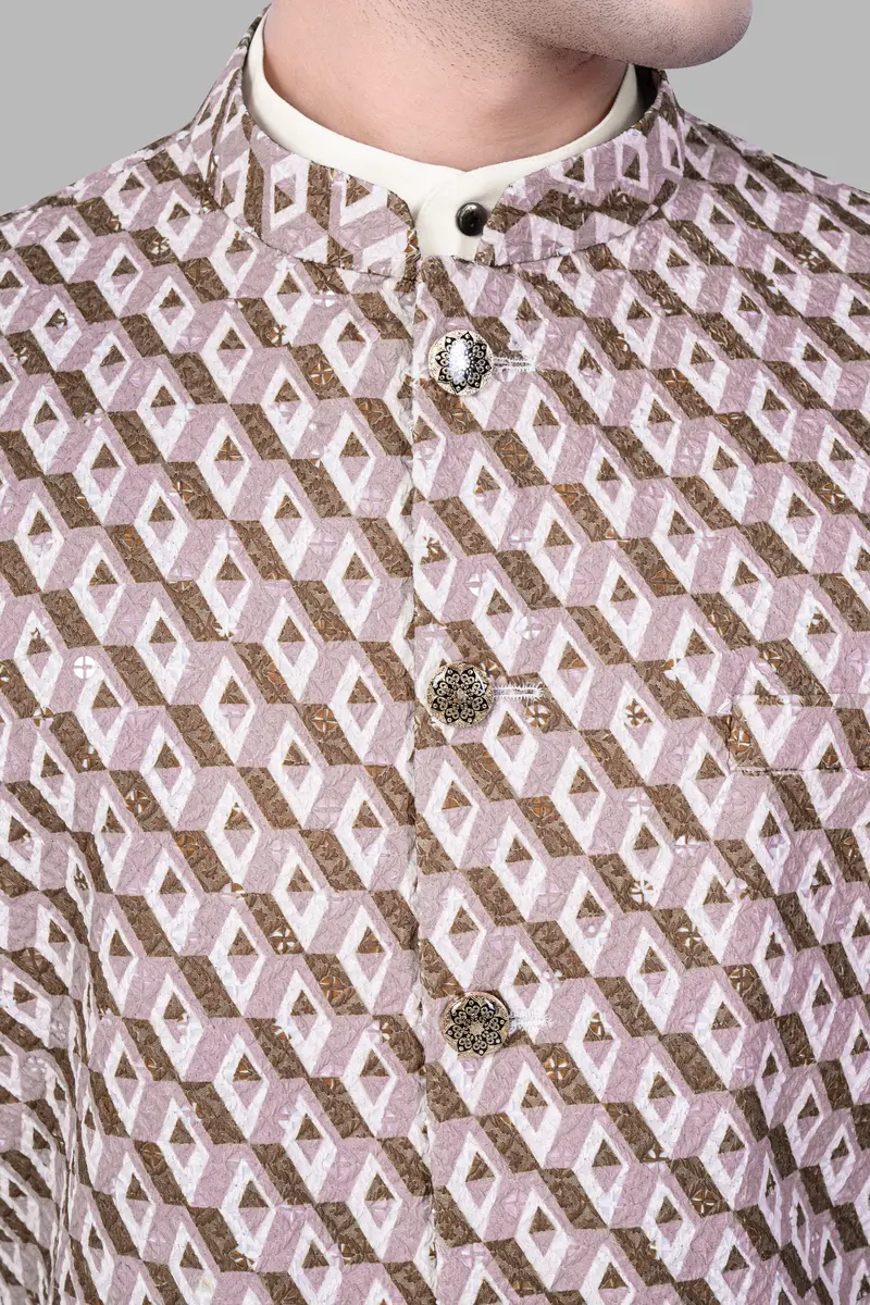 Clam Shell Pink And Roman Coffee Brown 3D Box Quilt Embroidered Nehru Jacket 4