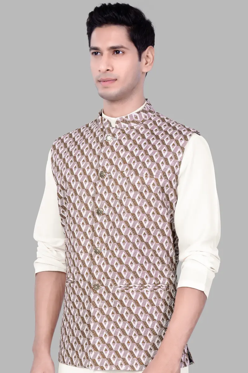 Clam Shell Pink And Roman Coffee Brown 3D Box Quilt Embroidered Nehru Jacket 5